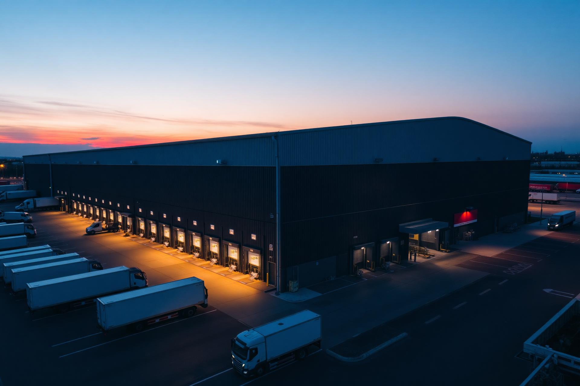 ZORPLOG fulfillment warehouse at dusk